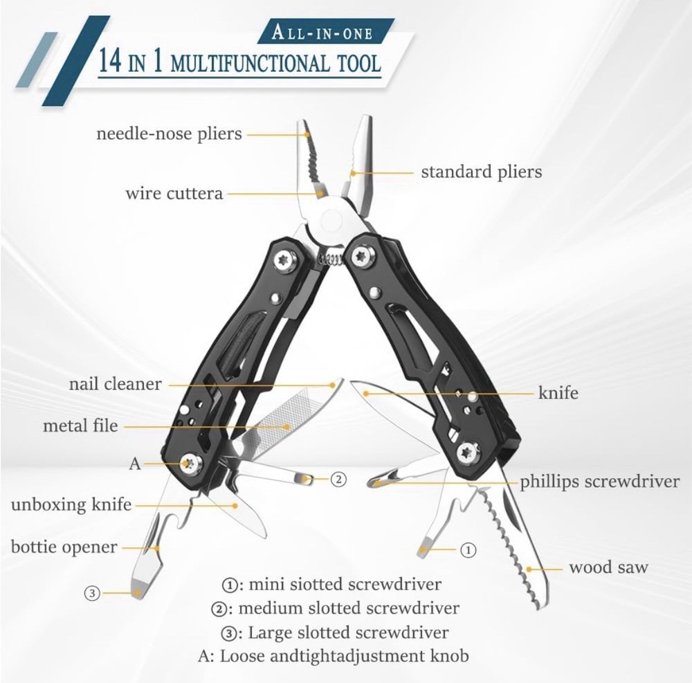 14-in-1 Stainless Steel Mini Multitool Pliers with Case – Black