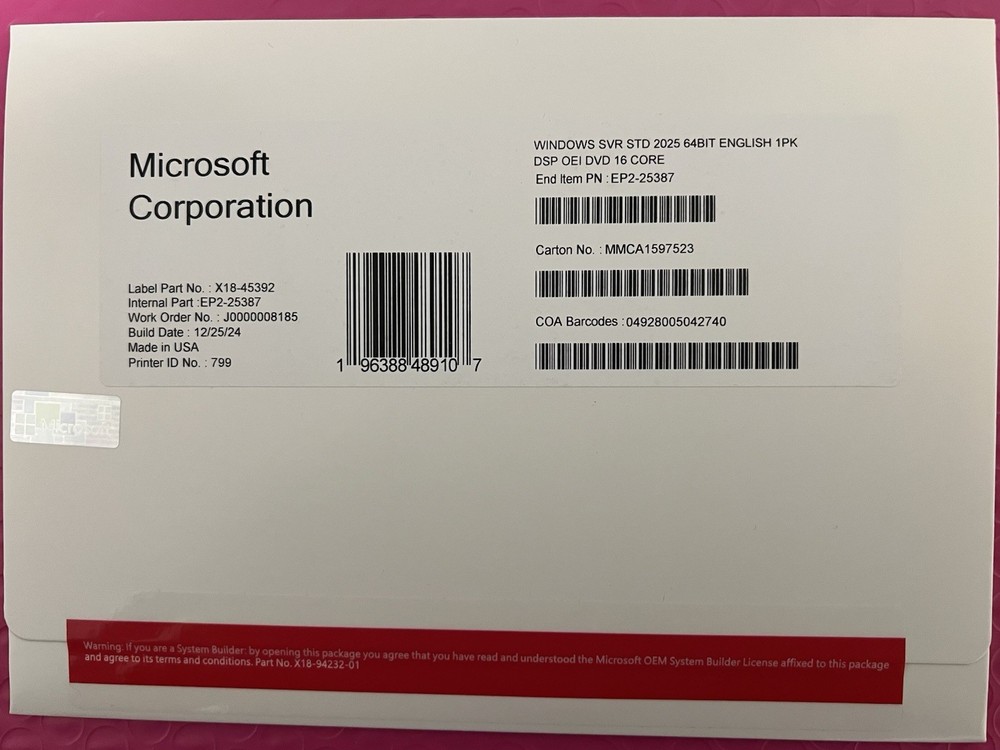 Windows Server 2025 Standard 64Bit 16 Core DVD Media Installation With Key