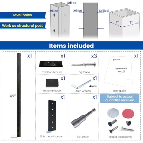 Black Side Mount Cable Railing Post 42 Inchx2"x2" Level Drilled Level post 42"