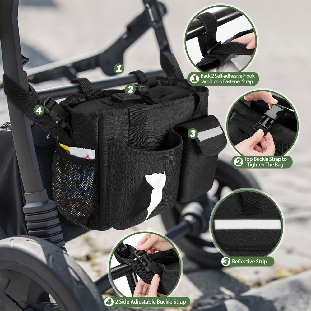 GRAOSO Universal Stroller Organizer Cooler Wagon Storage Handlebar Strap Black