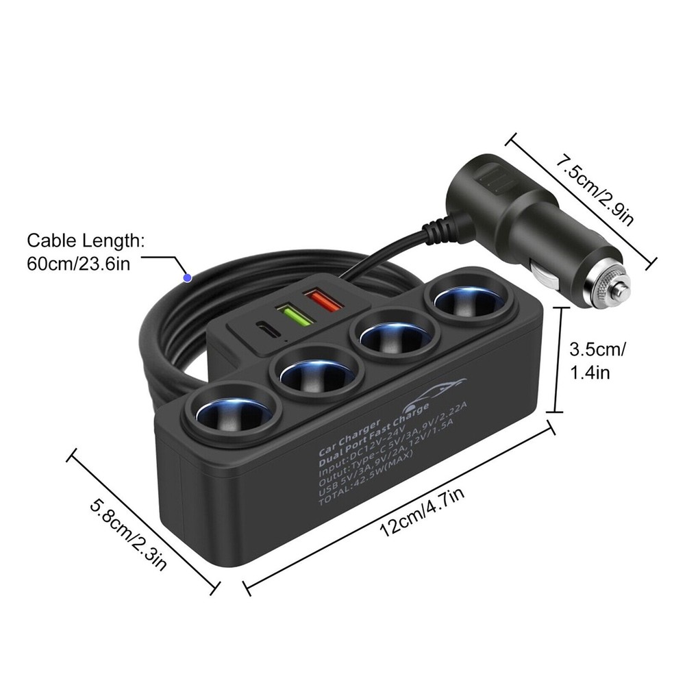 4-Way Car Cigarette Lighter Socket Splitter USB Fast Charger Power Adapter 12V