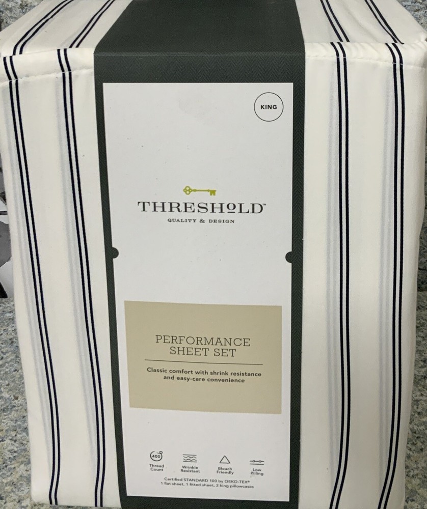 🎁 Threshold 400 Thread Count Performance Printed Sheet Set Black Stripe King🆕
