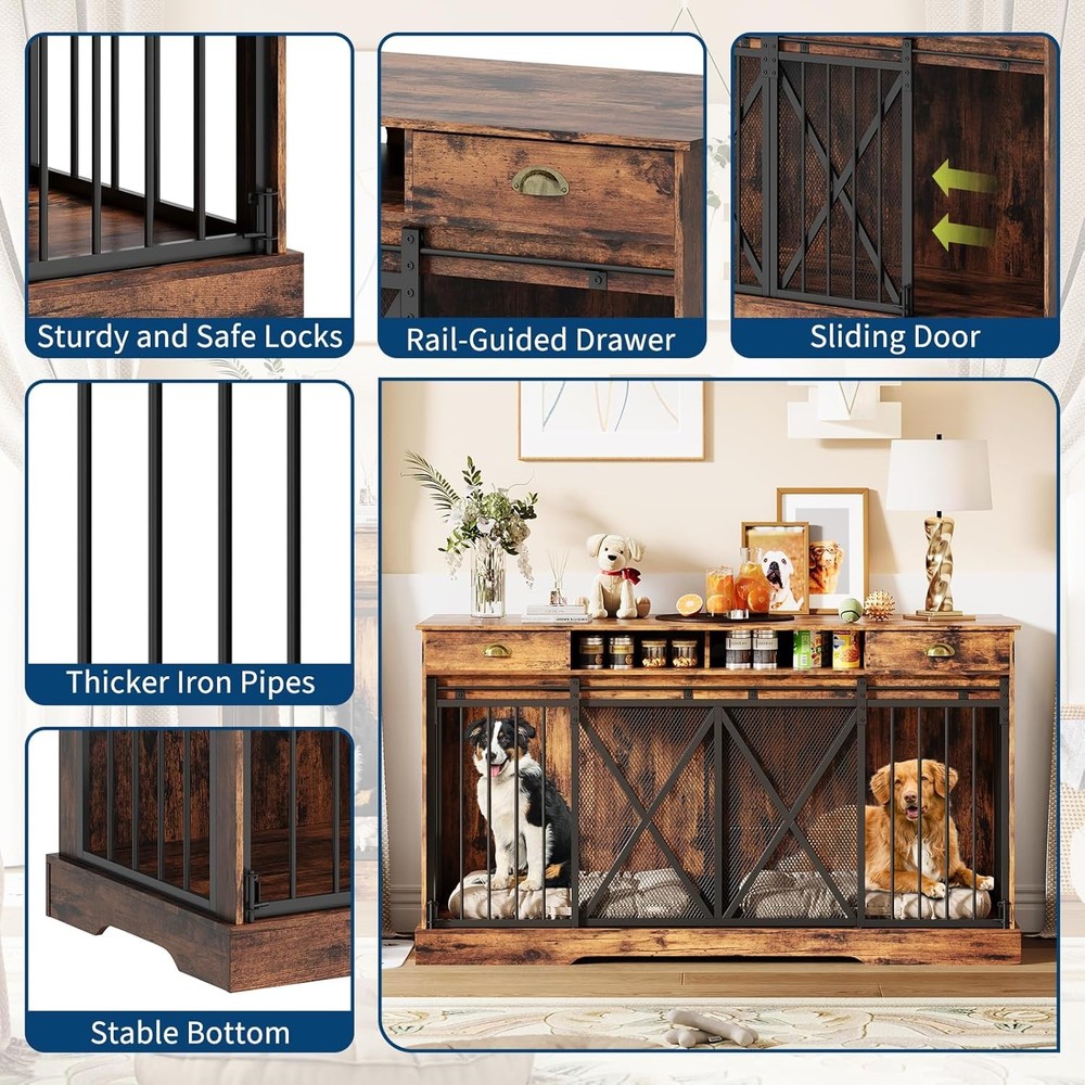 63 inch Wooden Double Dog Crate Dog Kennel Furniture TV Stand w/Divider& Drawers