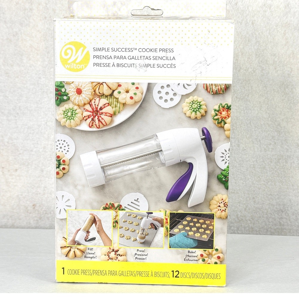 Wilton Simple Success Cookie Press White Purple 12 Discs Trigger Handle