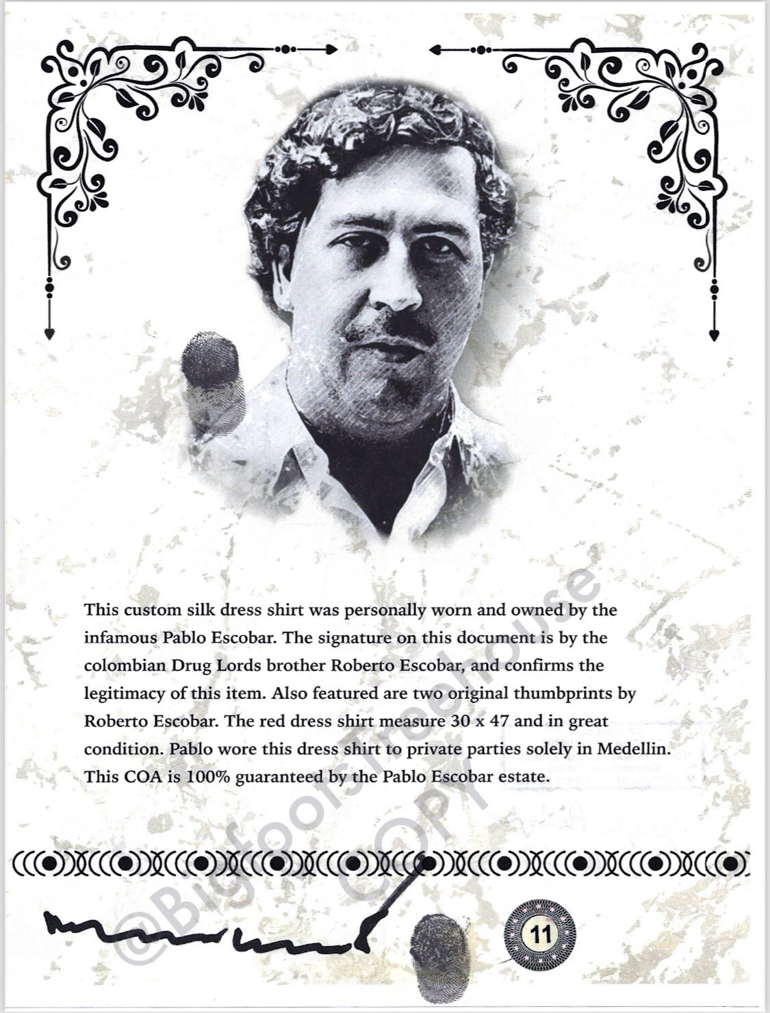 Pablo Escobar Authentic Personally Owned Shirt Remnant COA True Crime