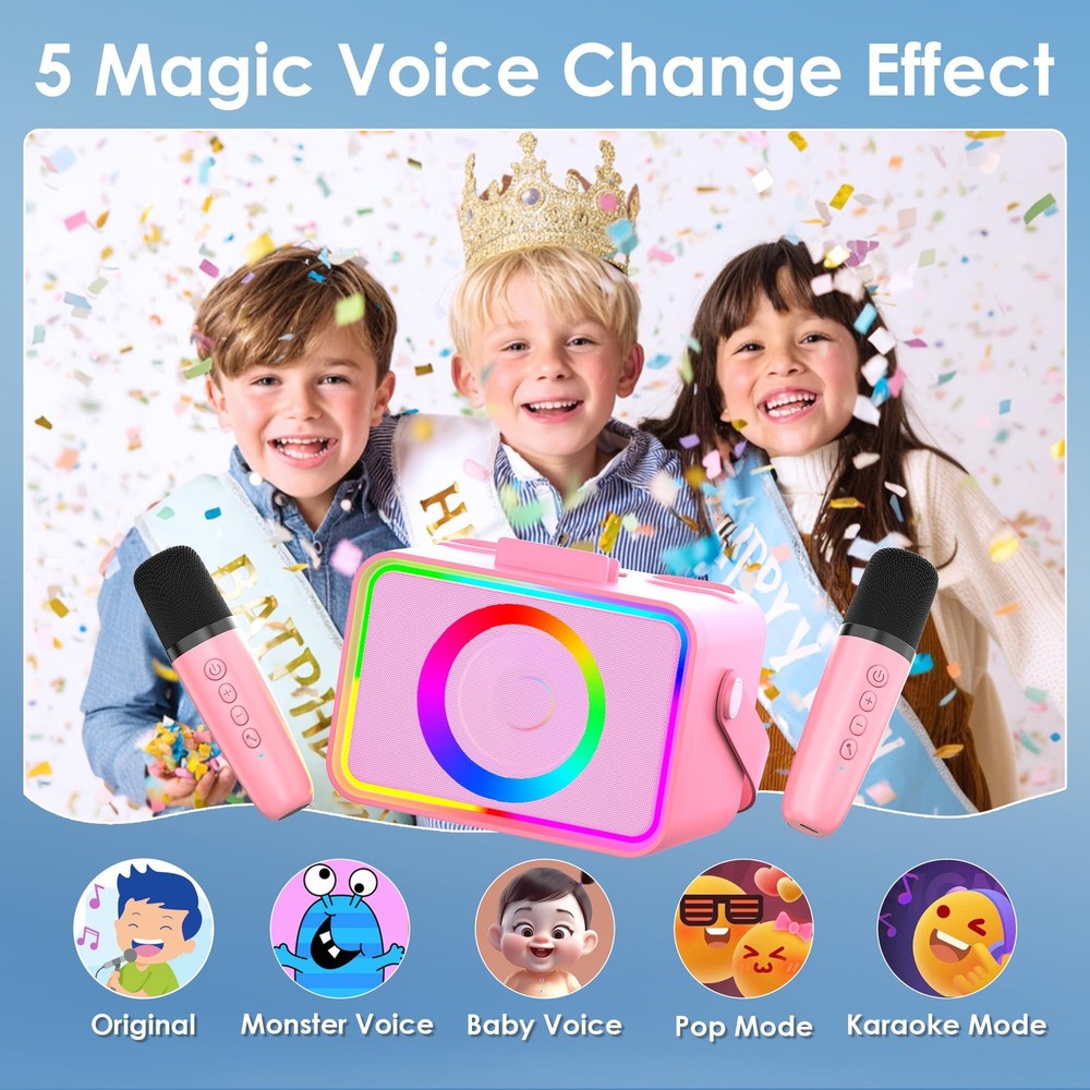 Karaoke Machine,Portable Bluetooth Speaker with 2 Wireless Microphone Pink