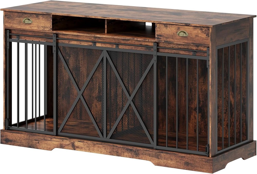 63 inch Wooden Double Dog Crate Dog Kennel Furniture TV Stand w/Divider& Drawers