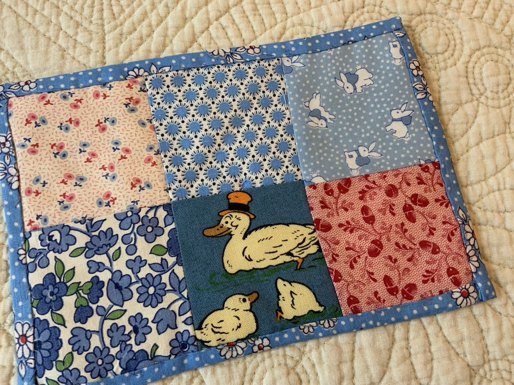 Vintage Patchwork Quilt Small Table Topper, Four Patch, Florals, Calicos