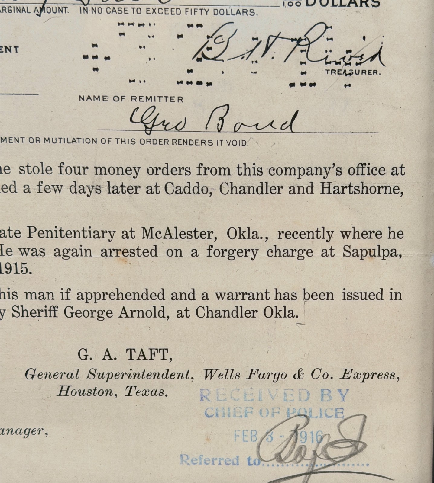 Antique Wells Fargo & Co Reward Wanted Poster Criminal Robber Western Outlaw #2