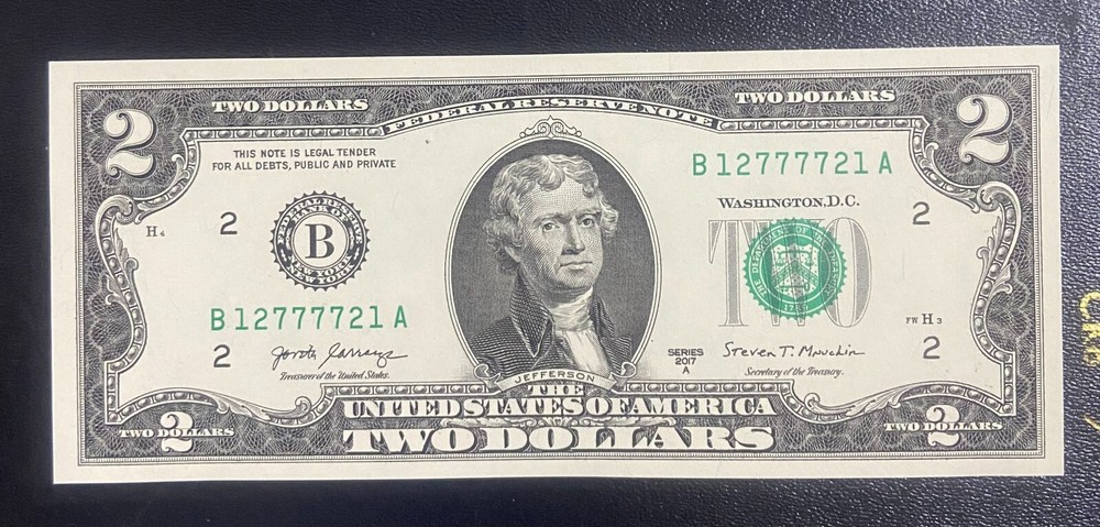 2017 $2 Two Dollar Bill  Serial RADA# B 1277.7721 . UNC