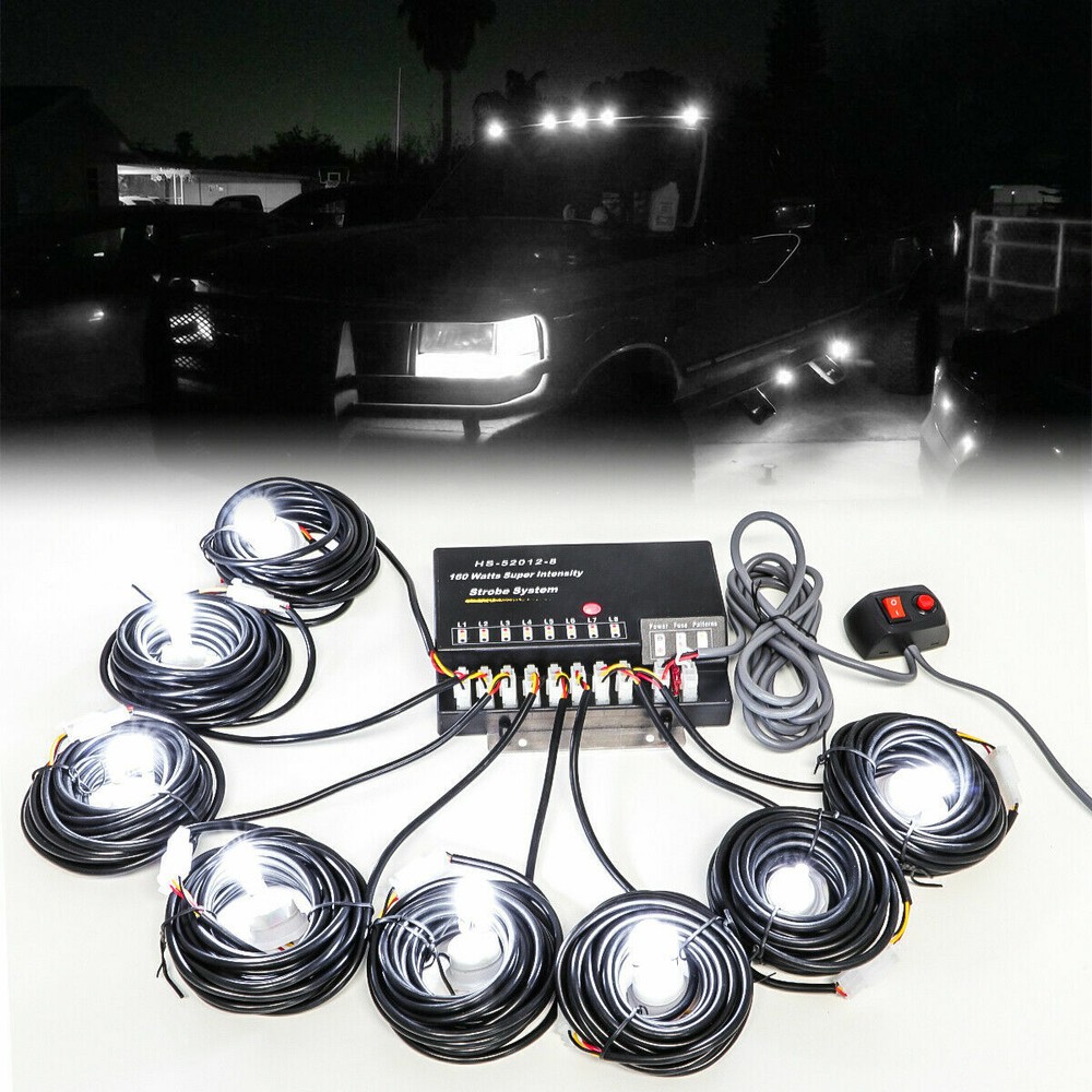 8 HID Bulbs Hide Away Emergency Strobe Light Headlight Kit Warning System WHITE