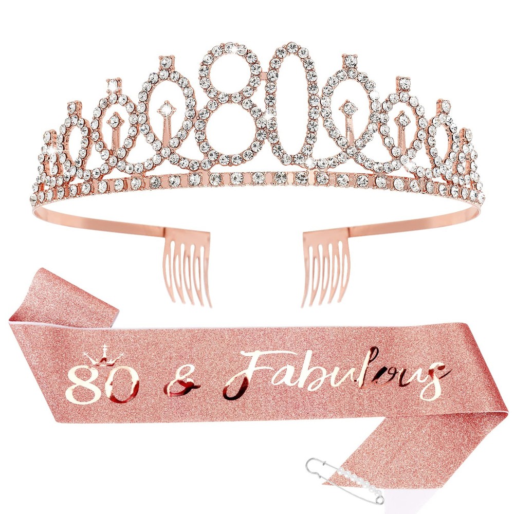 CIEHER 80th Birthday Crown + Sash + Pearl 3 Piece Set, & Tiara Set