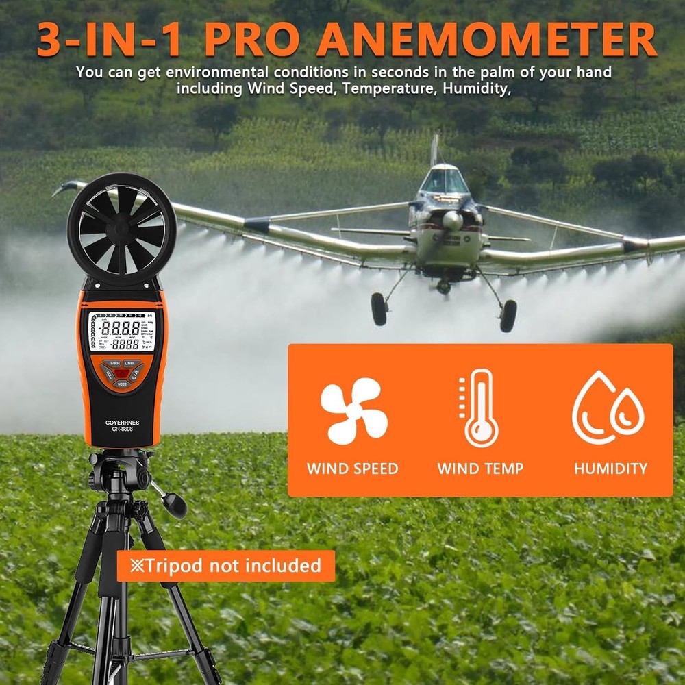 Handheld Anemometer for Wind Speed Temp Humidity, Digital Rechargeable Air Flow