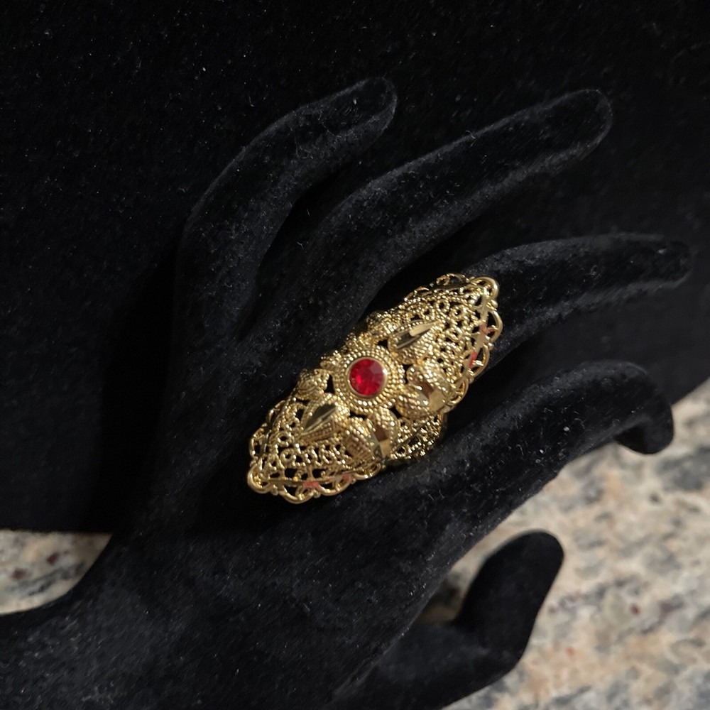 Gold Plated Red Cubic Zirconia Adjustable Ring New