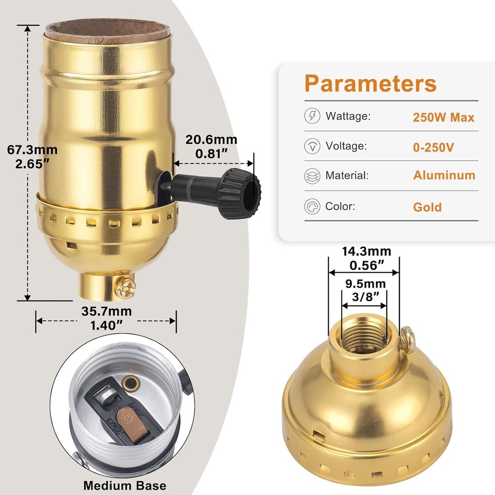 UL Listed E26 3-Way Lamp Socket Replacement with Turn Switch Knob, Gold, 2-Pack