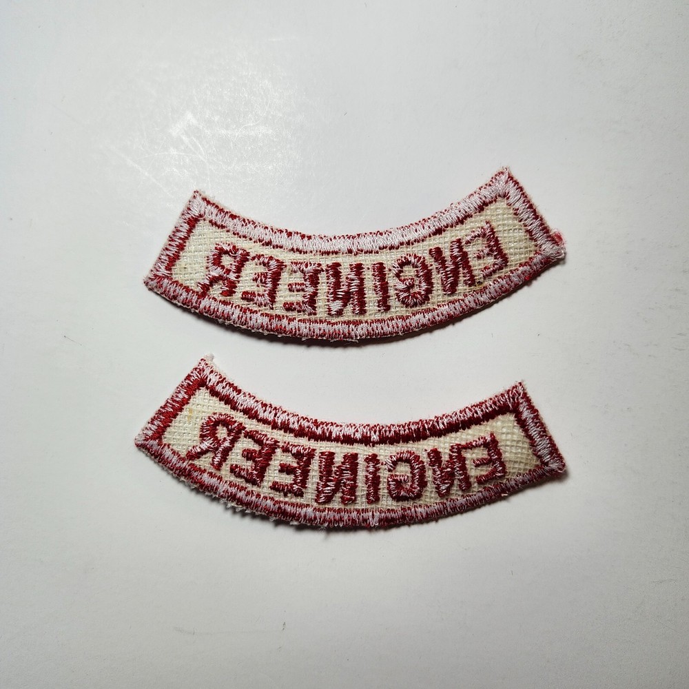 (2) ENGINEER Lower Rocker Patch - Red on White Twill NOS *RED BORDER*