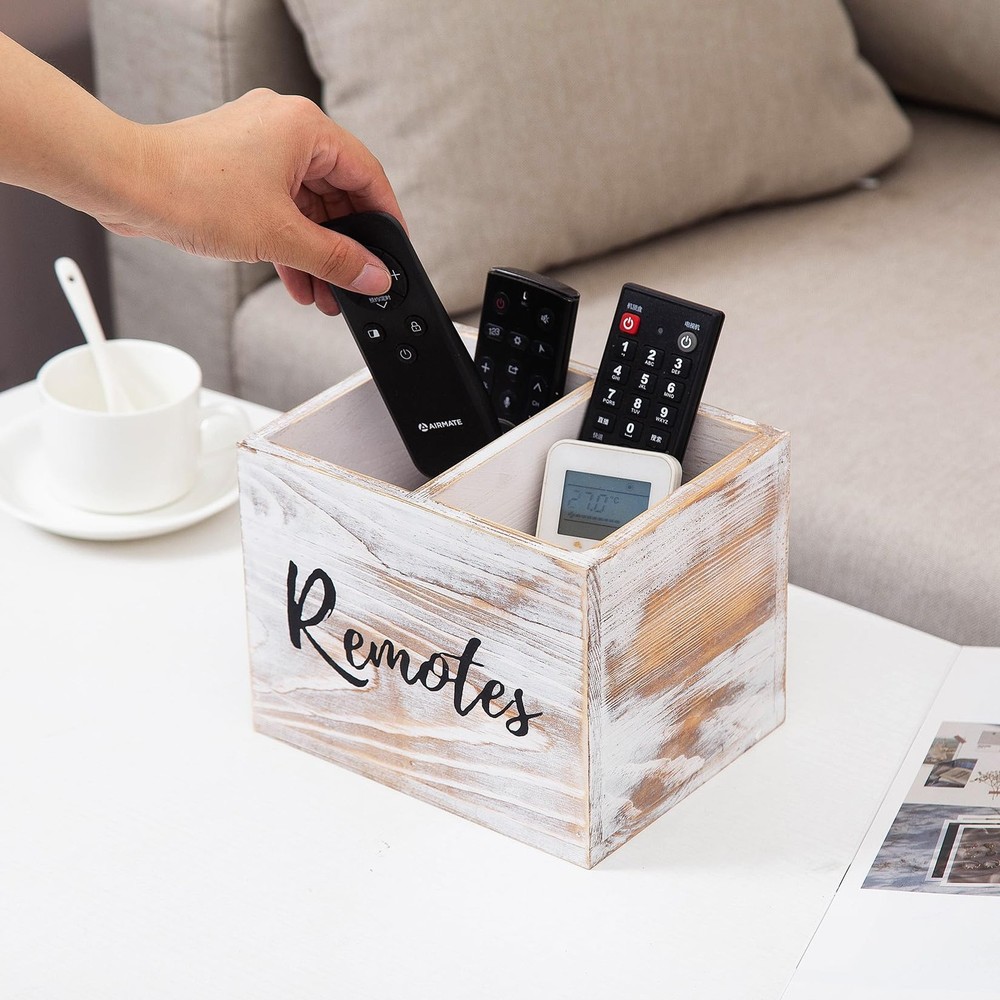 Rustic Two Slot Whitewashed Wood Remote Control Holder Tabletop Organizer Des...