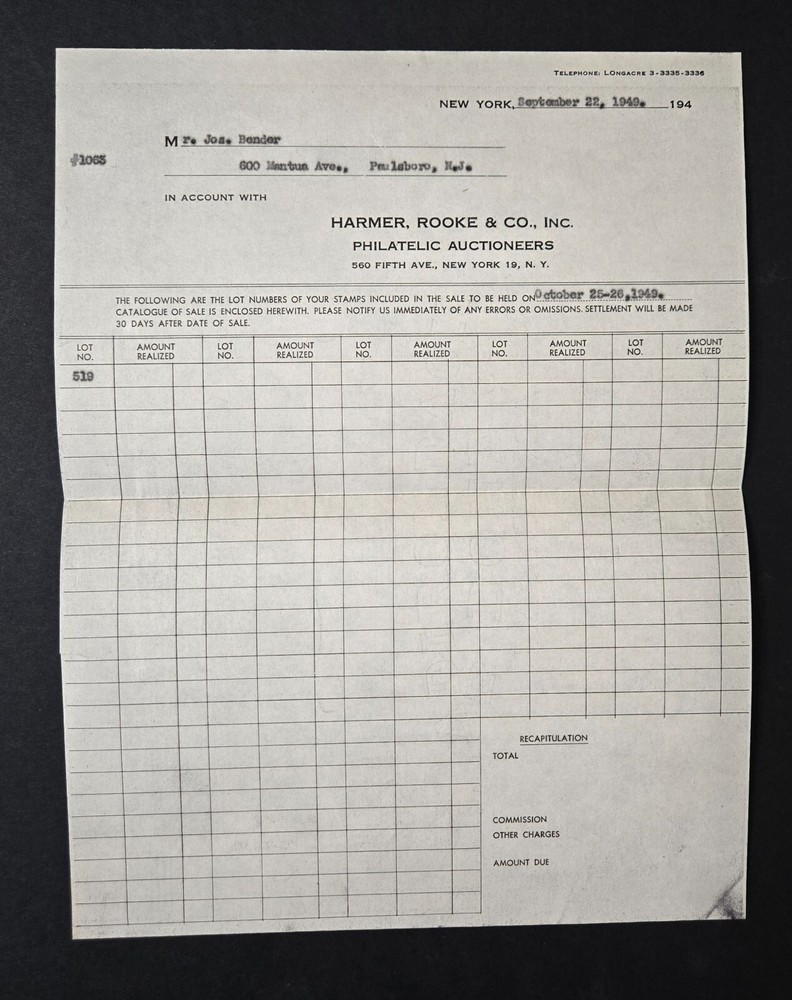 Harmer, Rooke & Co. Inc. 1949 U.S. auction catalog. lot # 42871