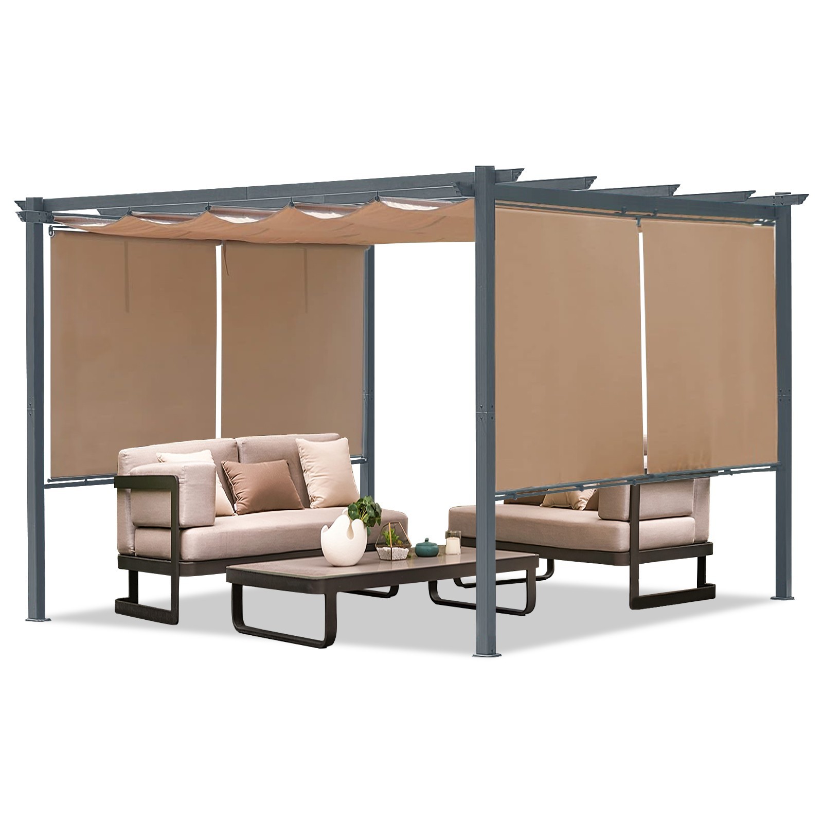 10x12ft Outdoor Pergola Sun Shade Cover with Retractable Canopy and Roller Shade