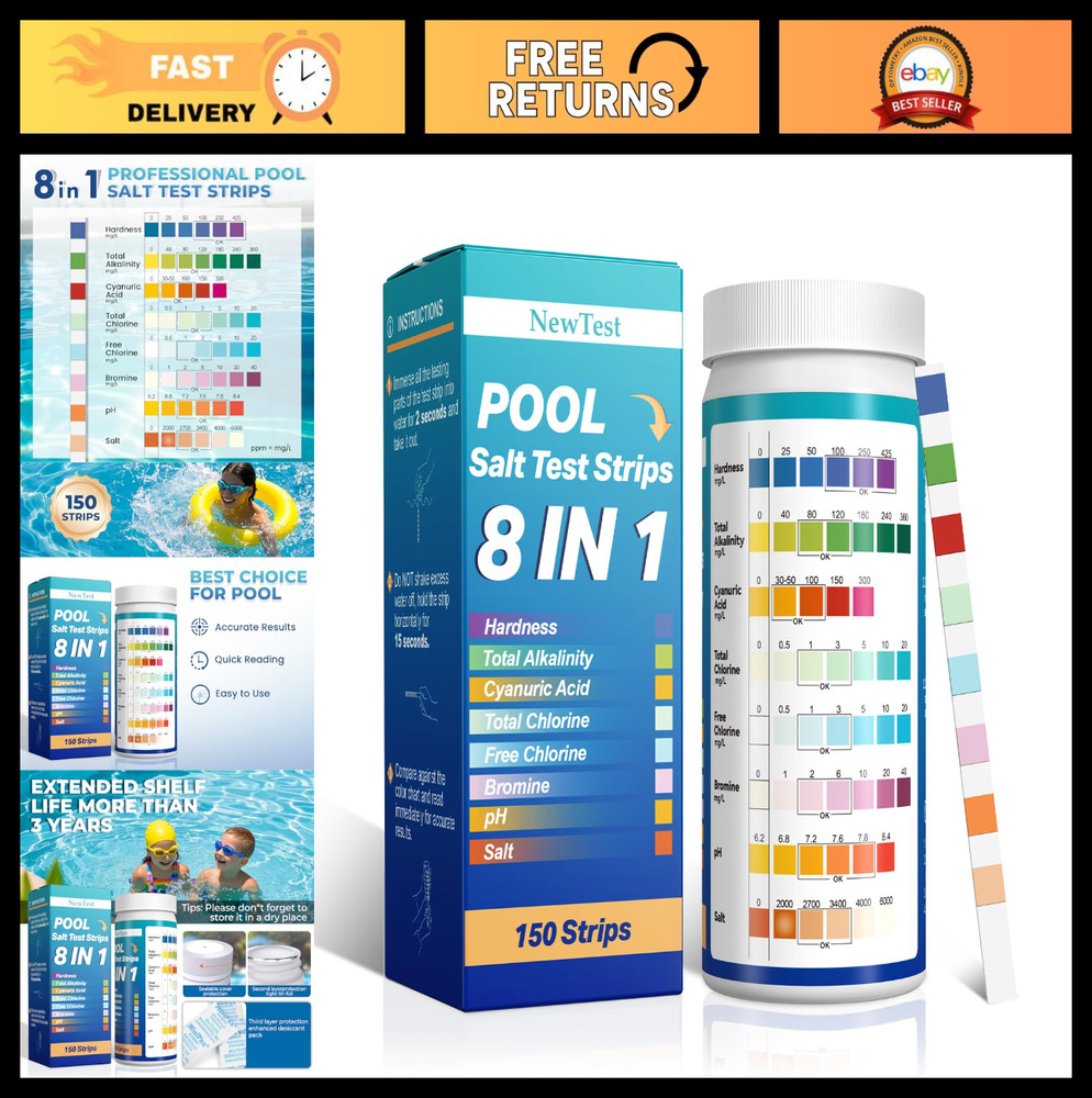 8-in-1 Pool Salt Test Strips 150CT - Quick Accurate Testing for Saltwater Pools,