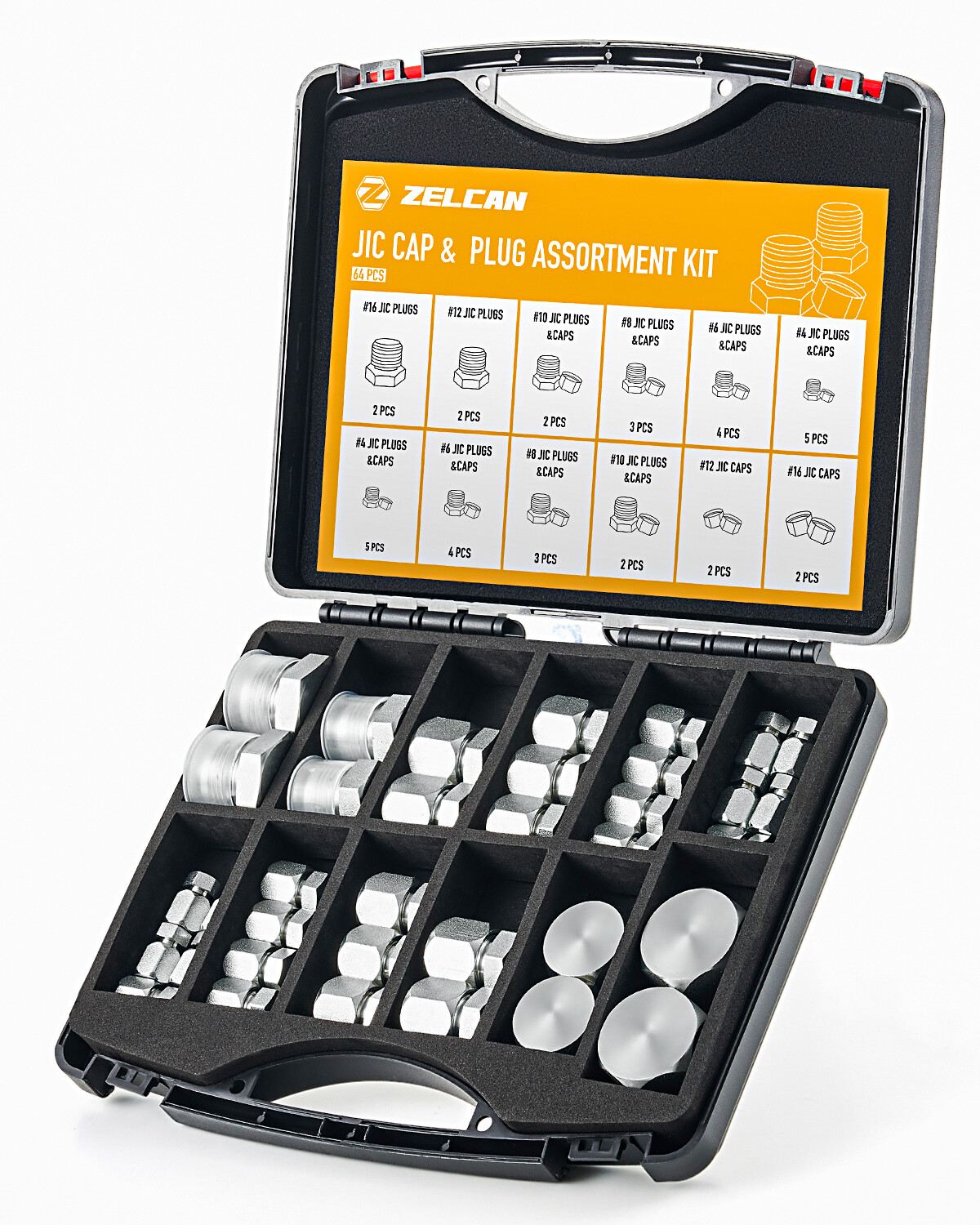 ZELCAN 64 pcs Hydraulic Hose Caps and Plugs 37° JIC Cap and Plug Kit with Case