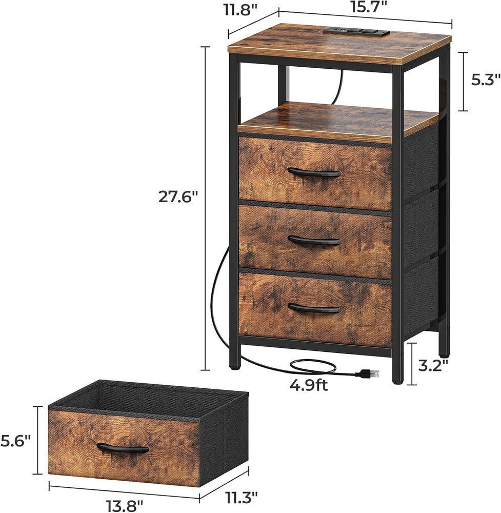 Rustic Brown Nightstand, Charging Station, Bedside Table w/ 3 Fabric Drawers