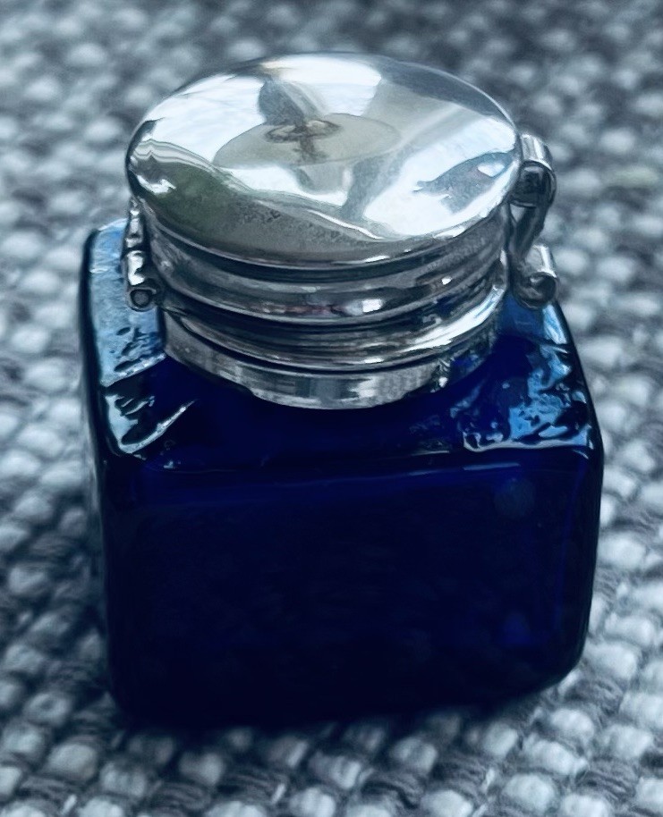 Vintage 1978 Square Cobalt Blue Glass Inkwell Bottle Sterling Silver Top