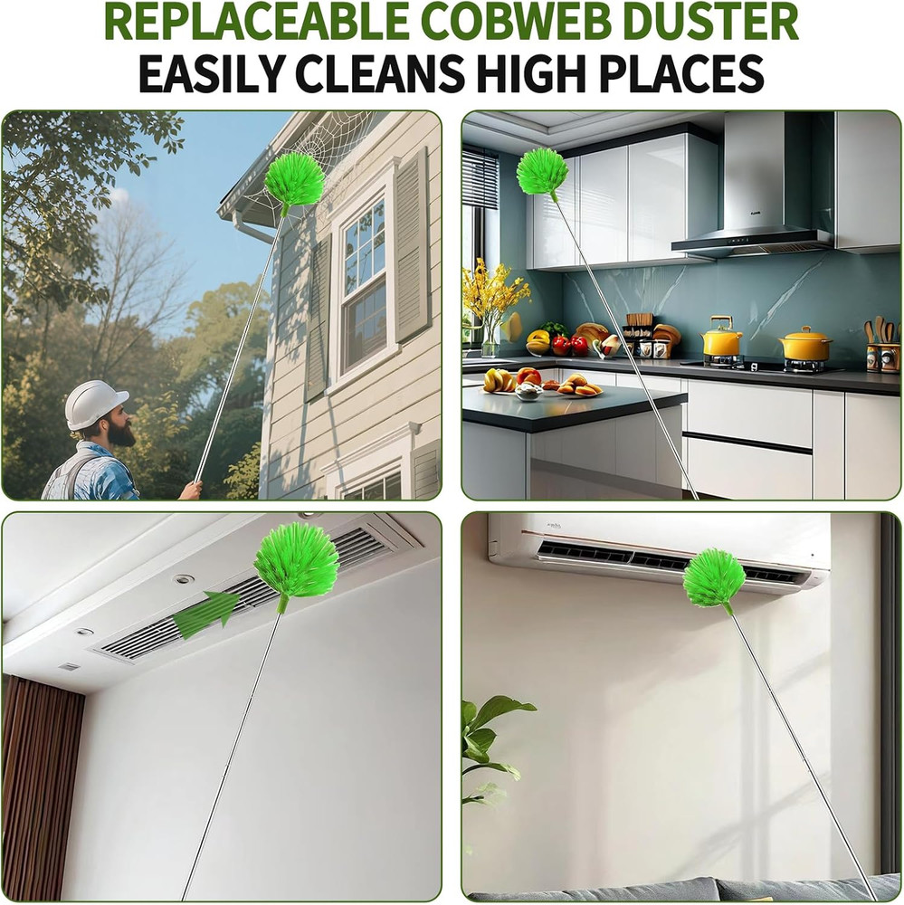 Cobweb Duster with Extension Pole, Washable Cleaning Duster Set with 2 Duster He