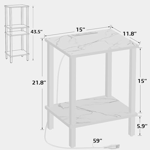 End Table with Charging Station, Small Side Table with Outlets, 1 Marble White