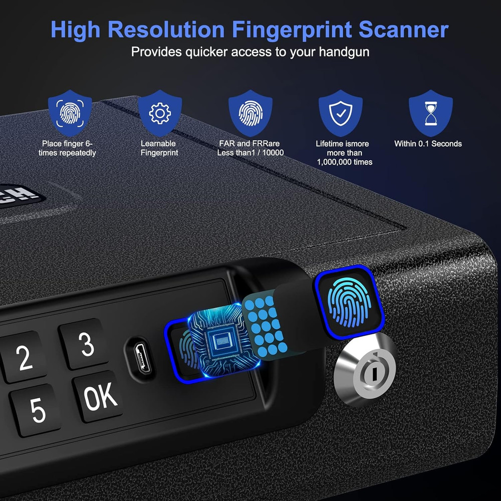 Biometric Handgun Safe with Fingerprint, PIN & Key - Secure Storage Solution