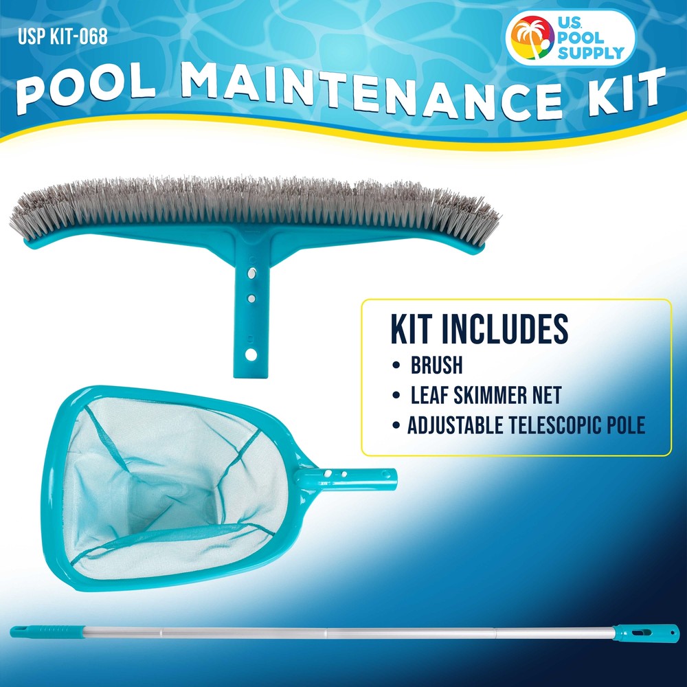 Pool Maintenance Kit with Leaf Skimmer Net, Brush & Adjustable Telescopic Pole