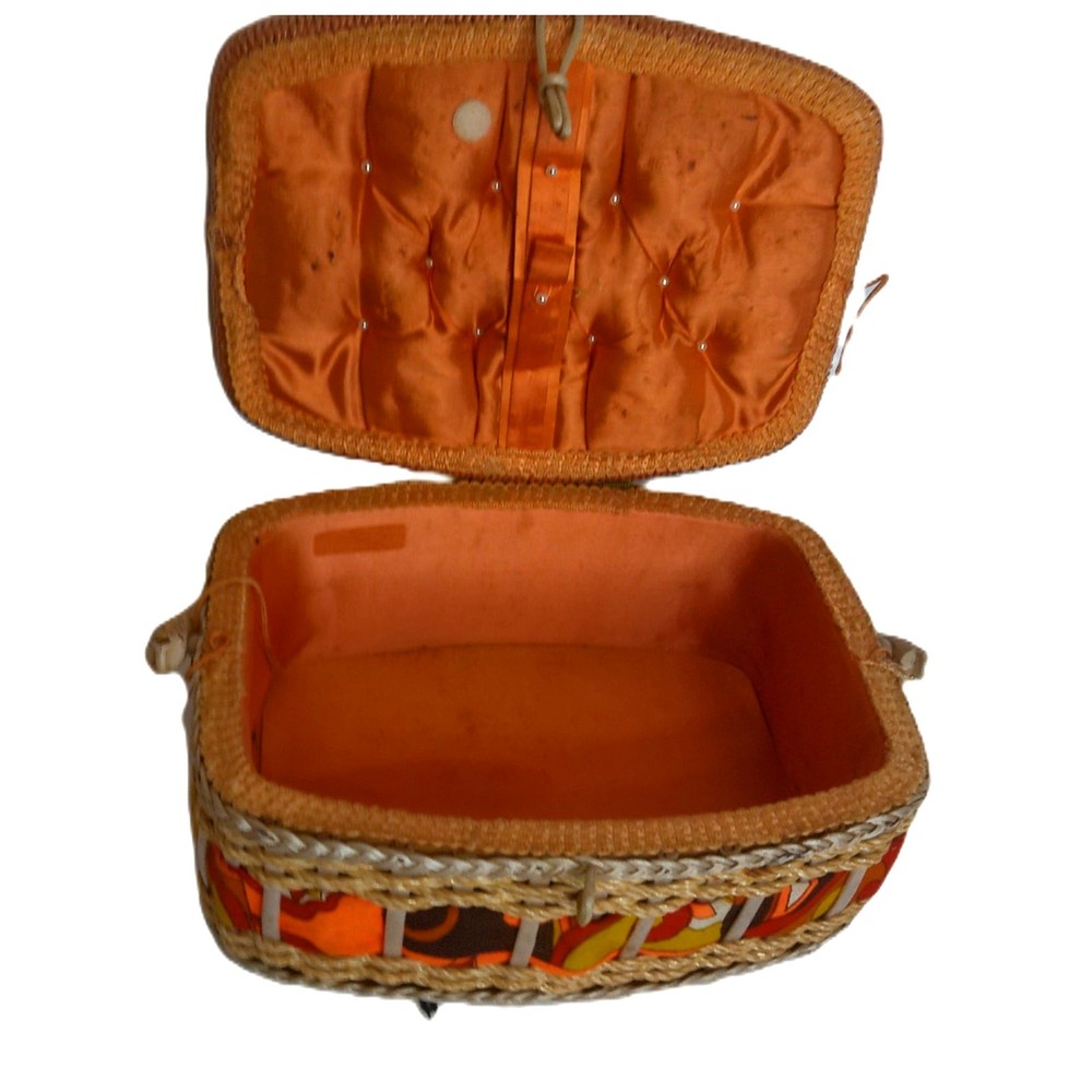 Vintage Sewing Storage Basket Retro Mod Psychedelic Pattern READ