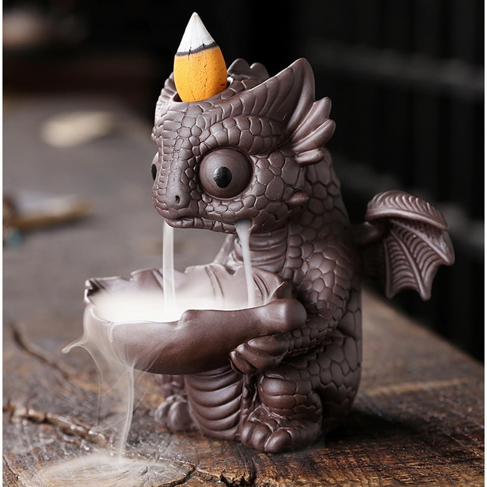 Ceramic Dragon Incense Burner, Cute Dinosaur Backflow Holder Brown