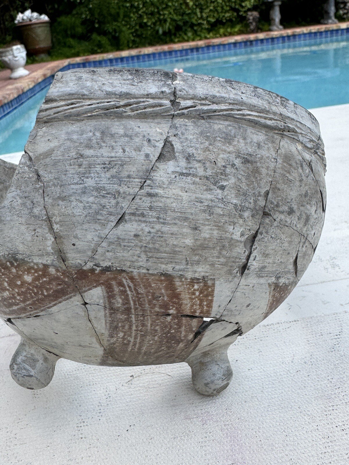 Native American PreColombian Rebuilt Footed Bowl Red Swirl Pattern Pottery Bowl