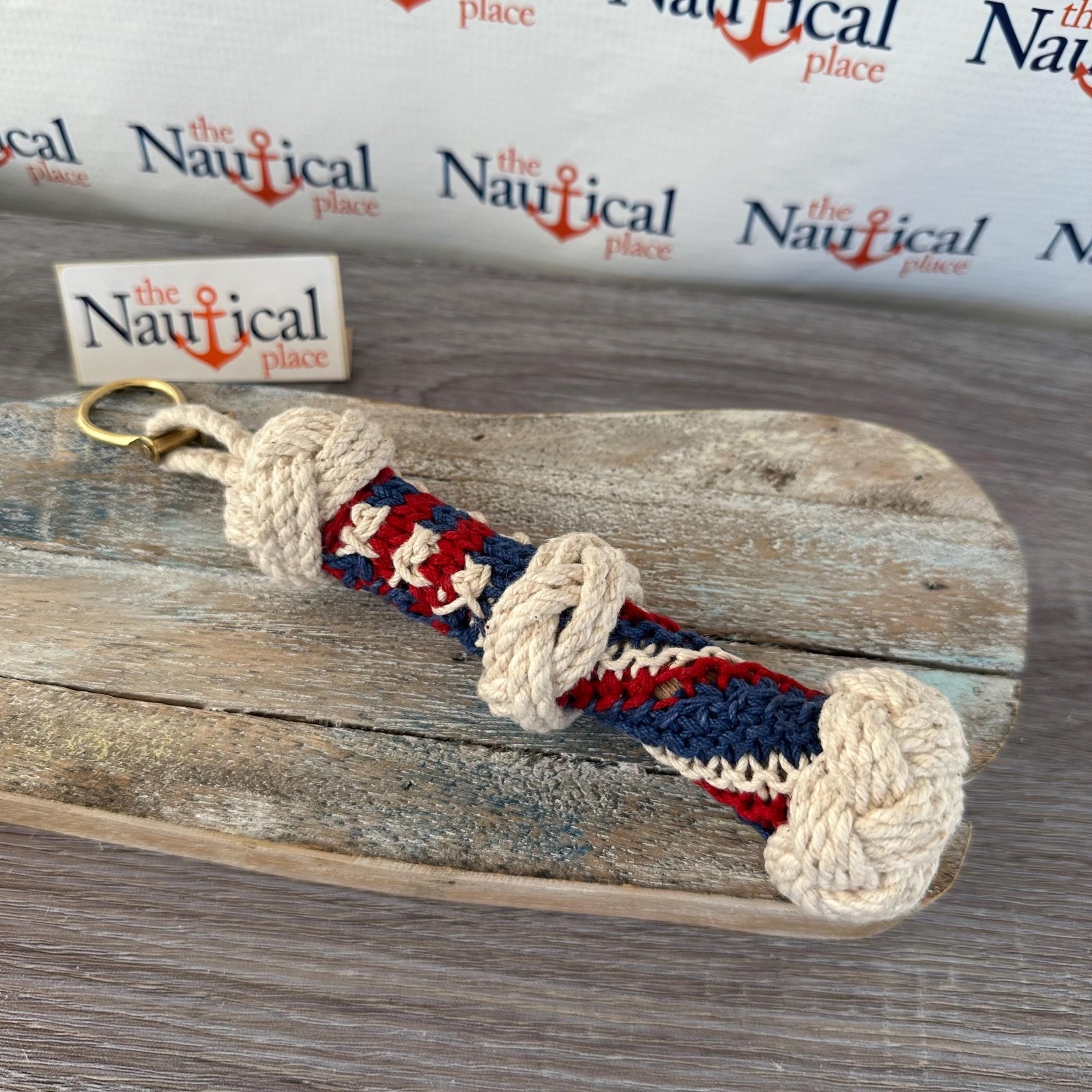 Americana Rope Bell Pull w/ Monkey Fist Knot Ball & Brass Shackle, Patriotic
