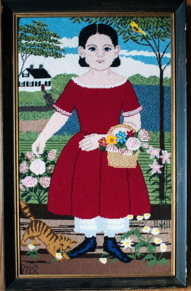 Finished Rectangular Needlepoint Portrait Girl 27x17 Framed