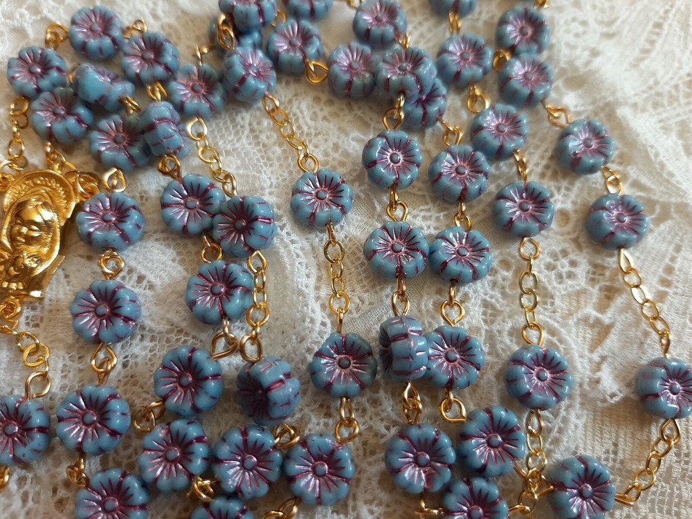 La Petit Opaque Blue Czech Crystal Flower Rosary