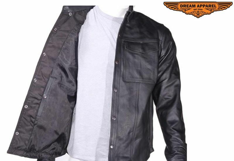 Men's Motorcycle Collared Leather Shirt w/Button Snap Closure & Multiple Pockets