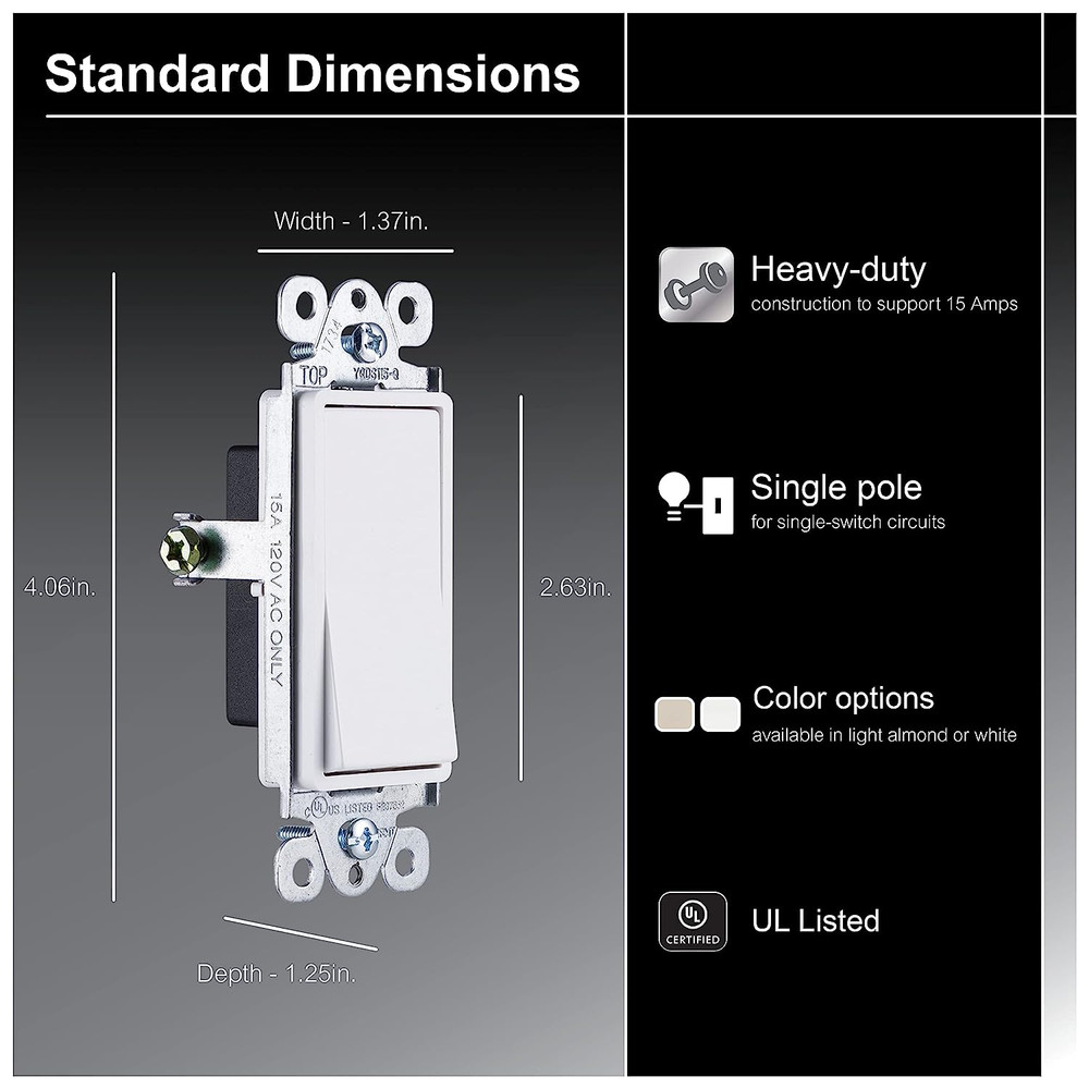 Paddle Rocker Switch - Single Pole Switch, On/Off, Replacement for Light Switche
