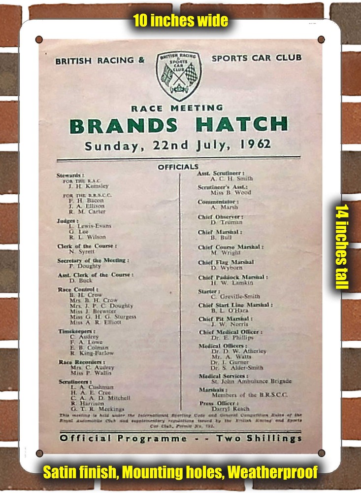 Metal Sign - 1962 Brands Hatch Circuit Racing Program - 10x14 inches