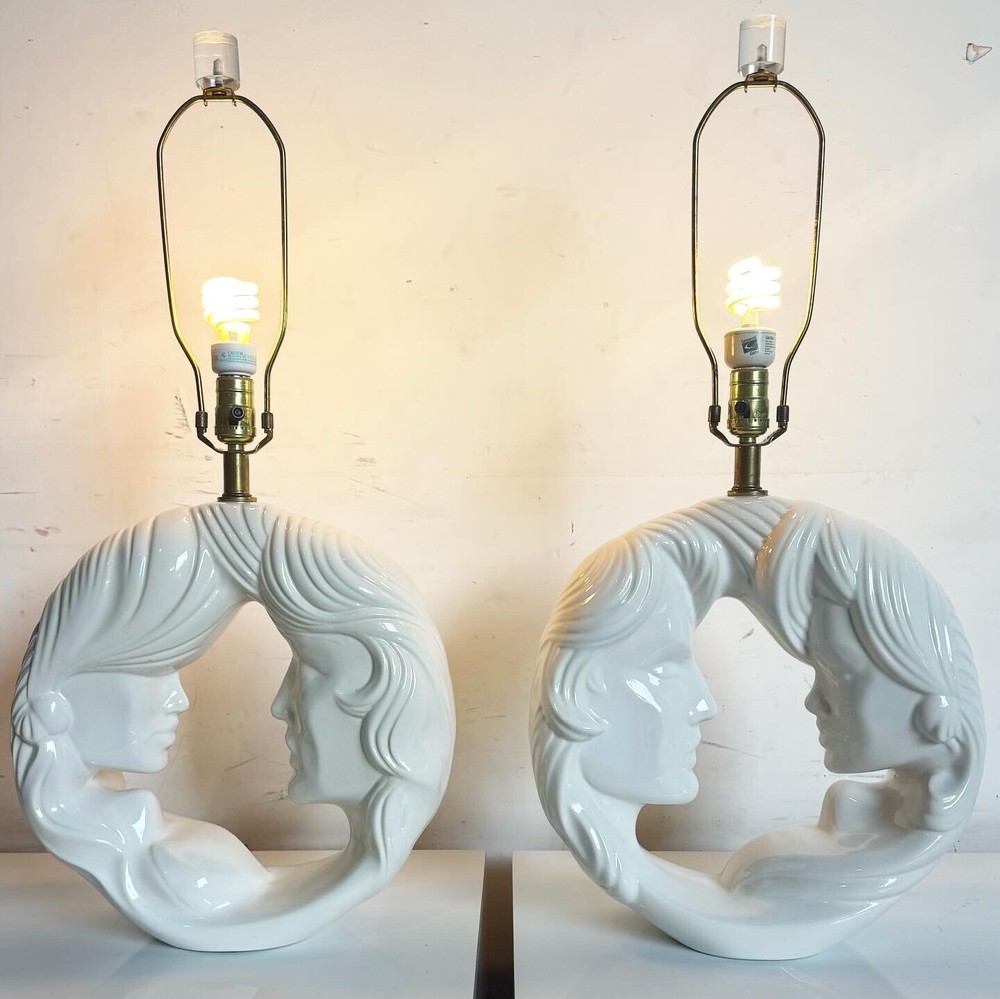 Postmodern White Gloss Ceramic Him/Her Face Table Lamps