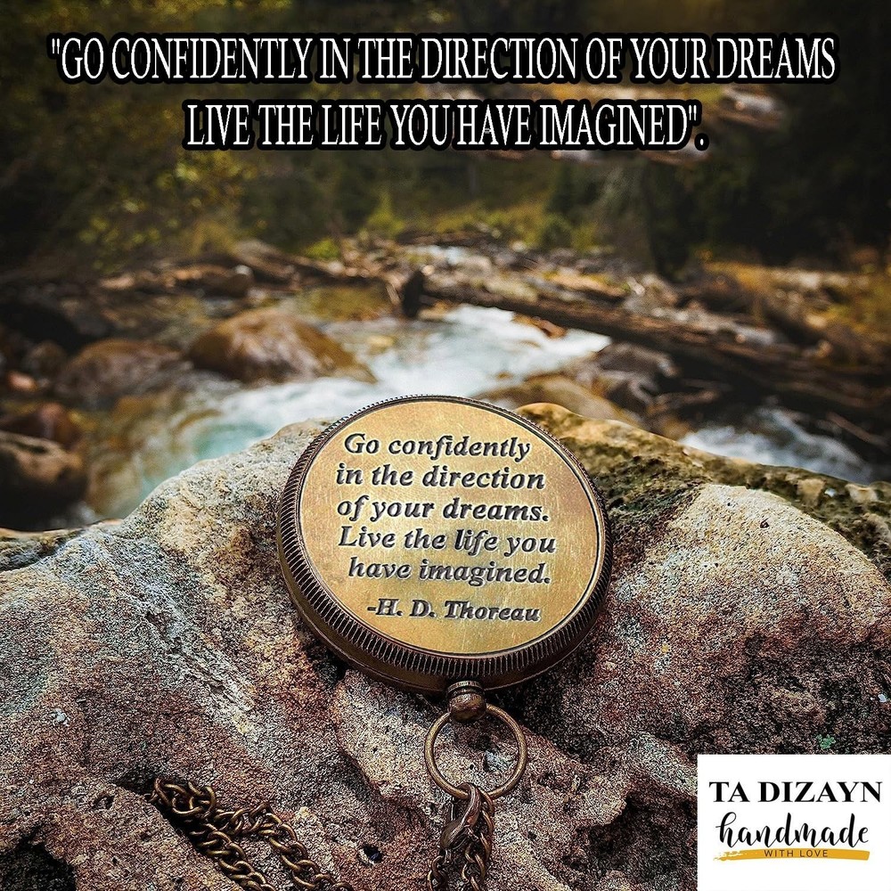 Solid Brass Thoreau's Go Confidently Quote Engraved Compass with Wooden Box, ...