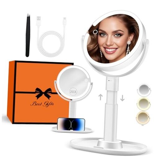 Makeup Mirror with Lights, Lighted Magnifying Mirror 20X with 3 Lighting White
