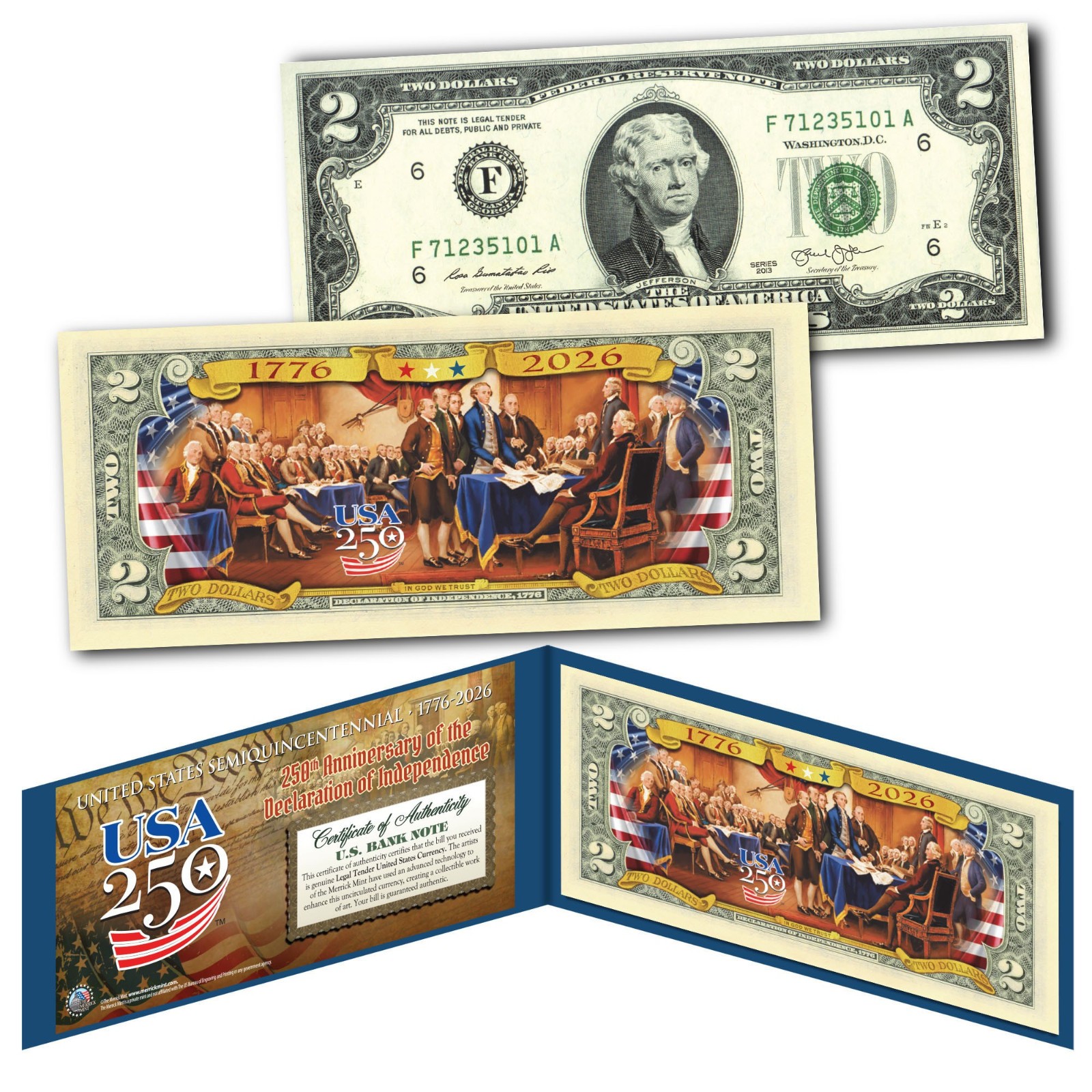1776-2026 Declaration Independence 250th Anniversary AMERICA 250 Genuine $2 Bill