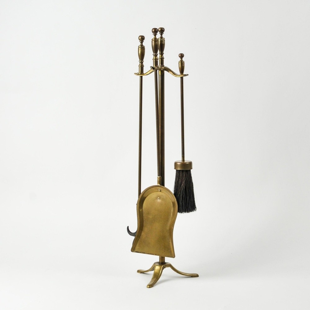 Vintage Solid Brass Fireplace Tool Set Small Four Piece Hearth Set