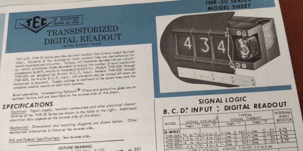 1963 TEC Digital Readout ~ Spec sheets ~ Transistor Electronics Corp TNR-10 -30