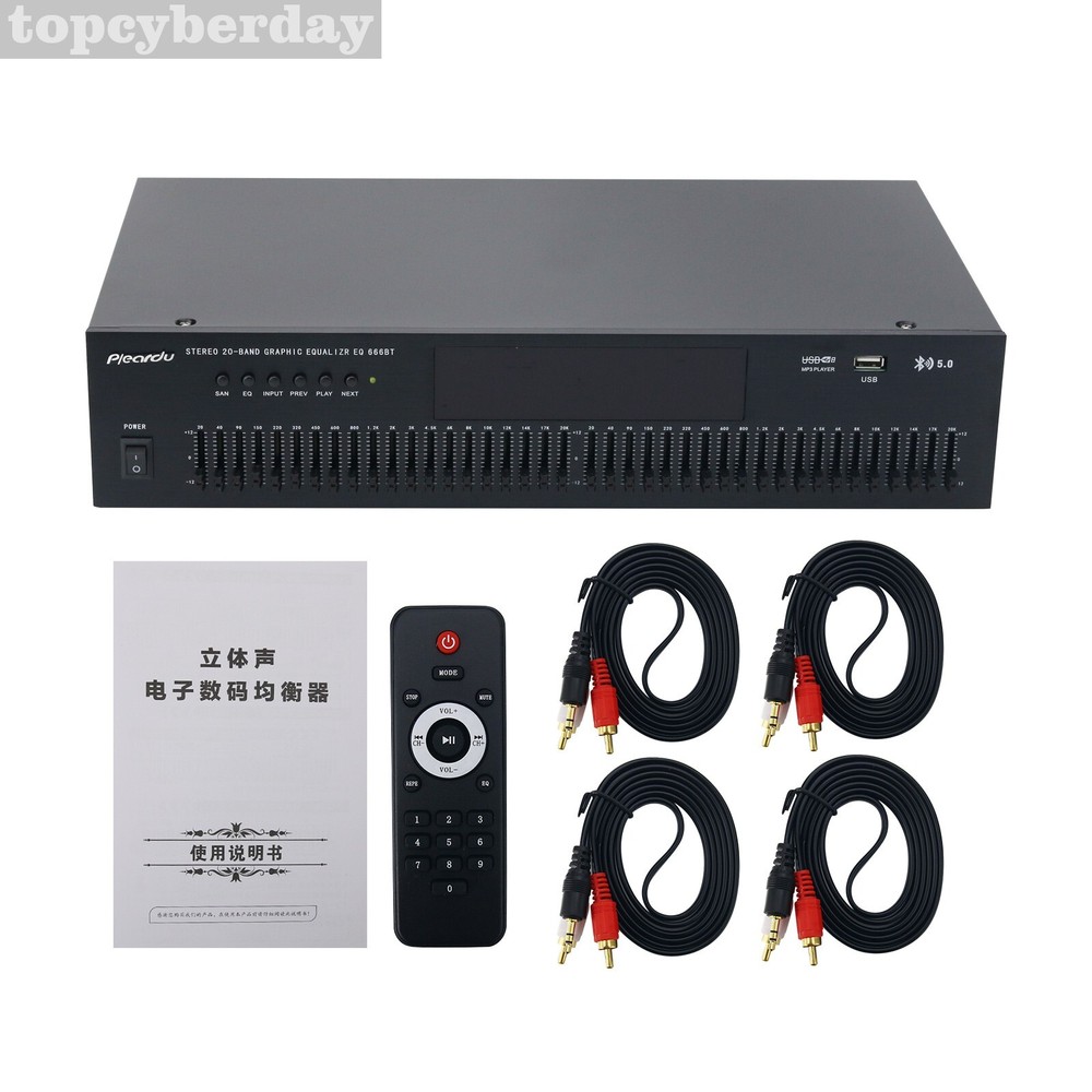 EQ666BT Dual 20-Band Stereo EQ Graphic Equalizer +4pcs Cables Dual RCA Connector