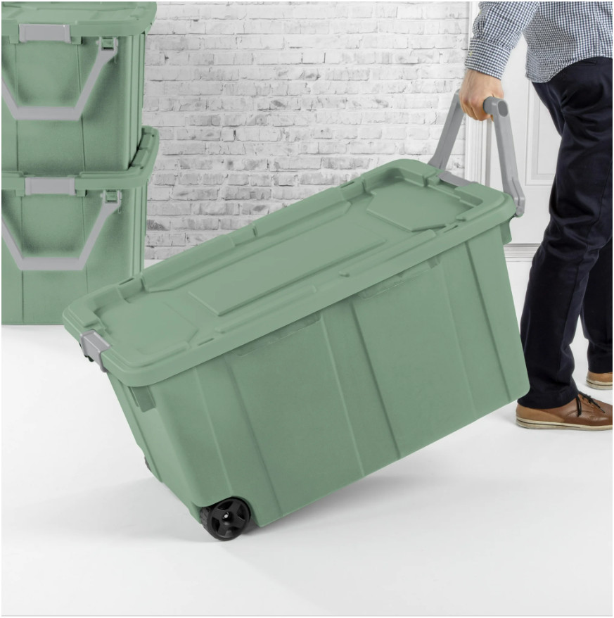 2 Pack Sterilite Extra Large 40 Gallon Plastic Wheeled Storage Bin, Light Green