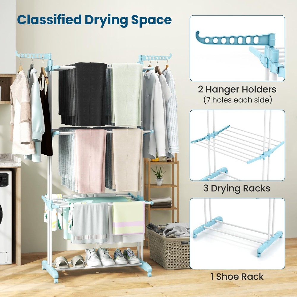 Foldable Clothes Drying Rack, Oversized 4-Tier Collapsible Laundry Rack w/ 3 ...