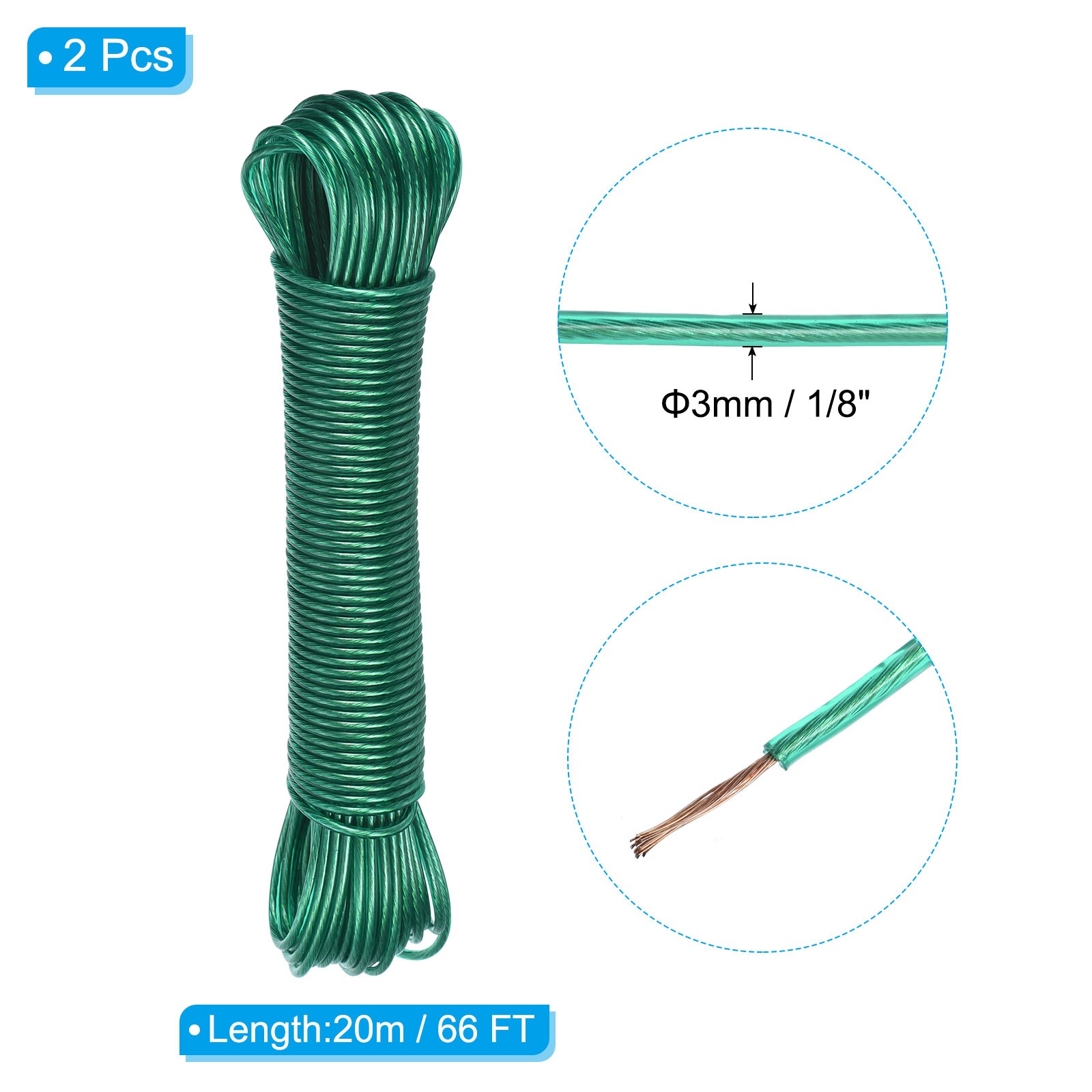 2 x Plastic Coated Clothesline 1/8Inch x 66FT Steel Core Clothes Lines Green